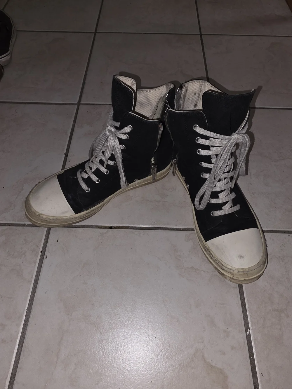 Rick Owens DRKSHDW Ramones Black High-Top Canvas Sneakers with White Toe